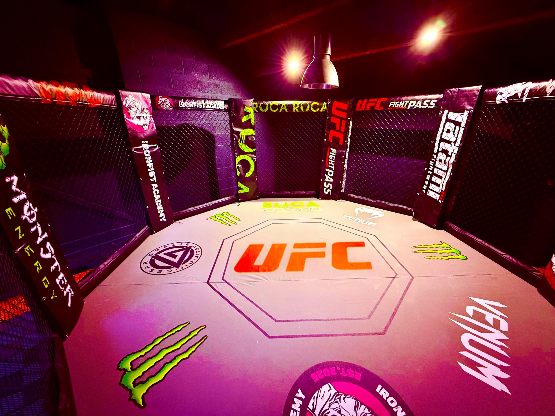 Elite BJJ and Judo training facility with pro-grade UFC cage under pink lighting