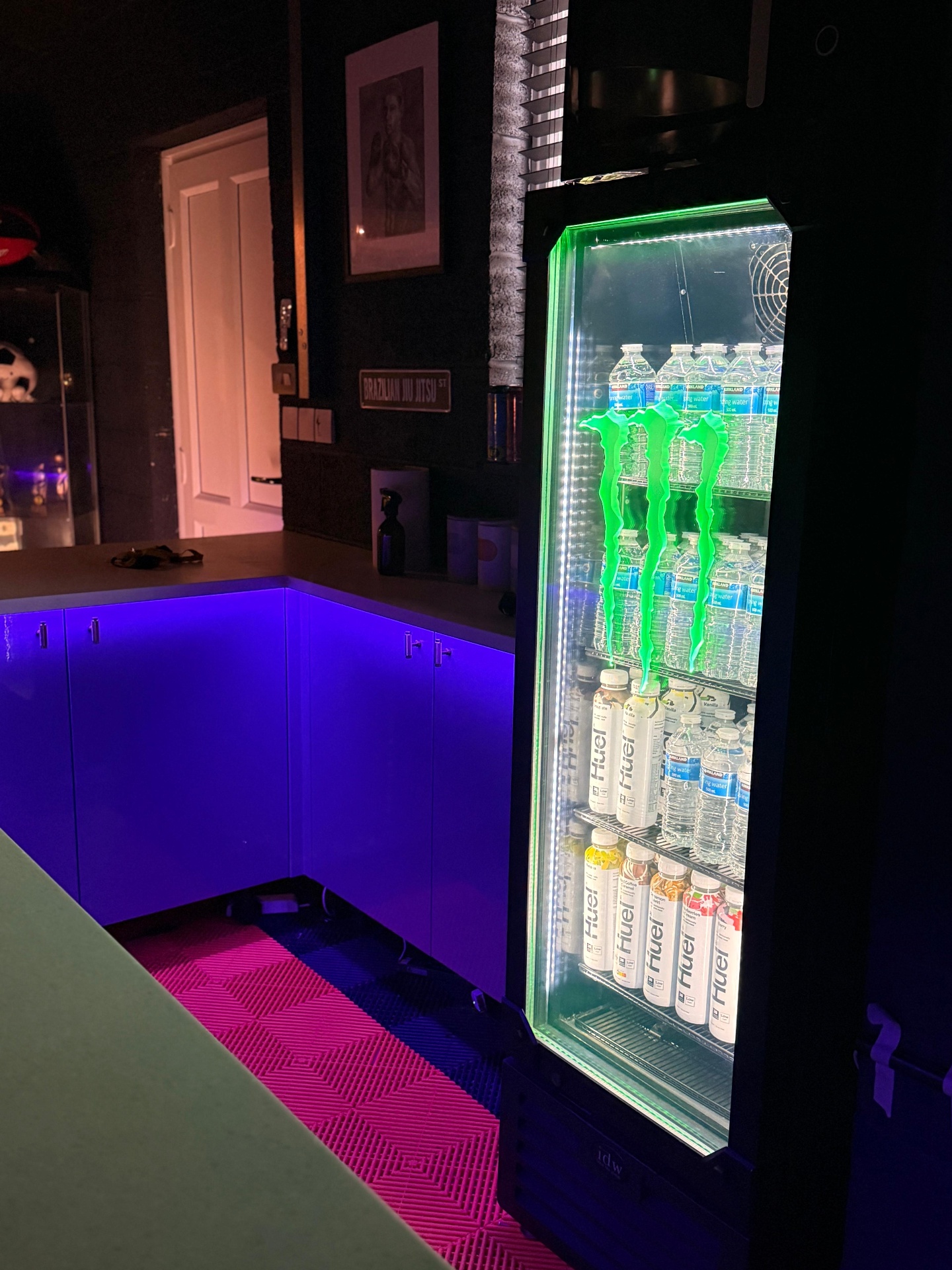 Fighter nutrition station stocked with hydration and Huel